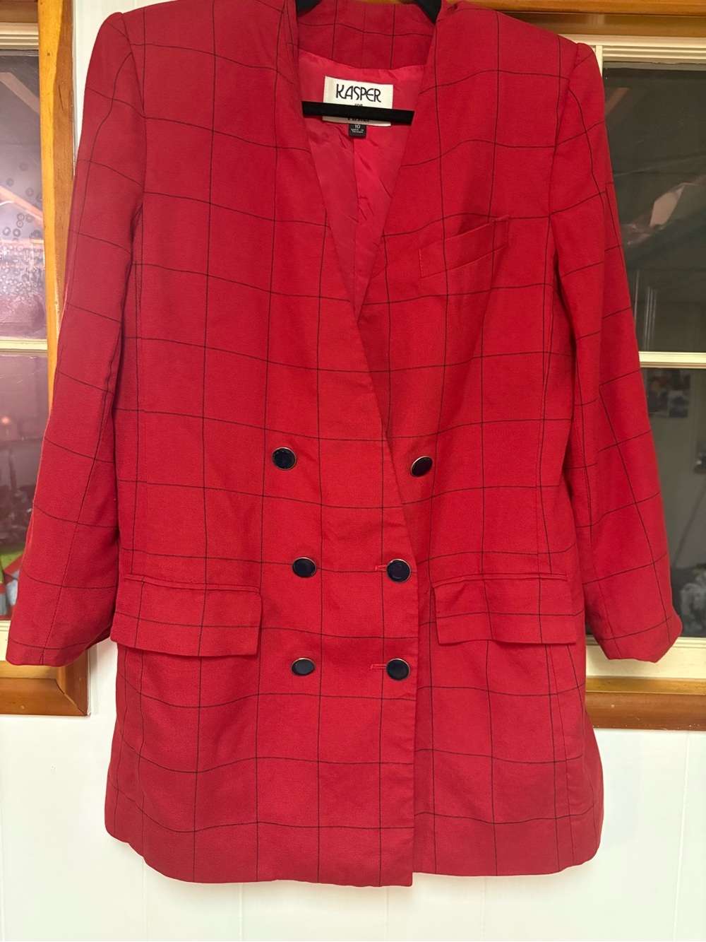 Kasper Red Windowpane Double-Breasted Blazer Jacket